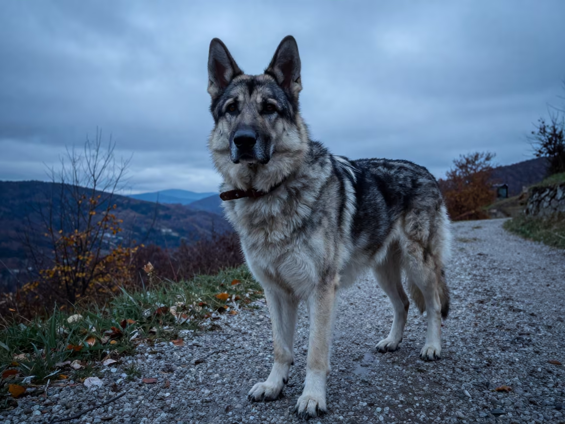 Carpathian Shepherd on Prizren Path in near a garden edge with soft morning light and an uncluttered background in Prizren