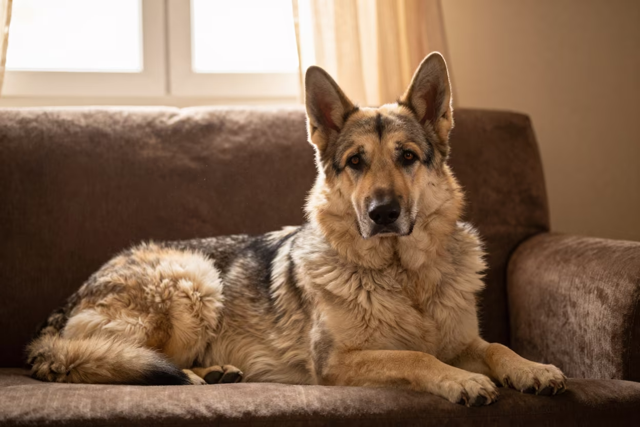 Carpathian Shepherd Portrait in Autumn Interior in on a sofa near a curtained window with calm indoor light in Van