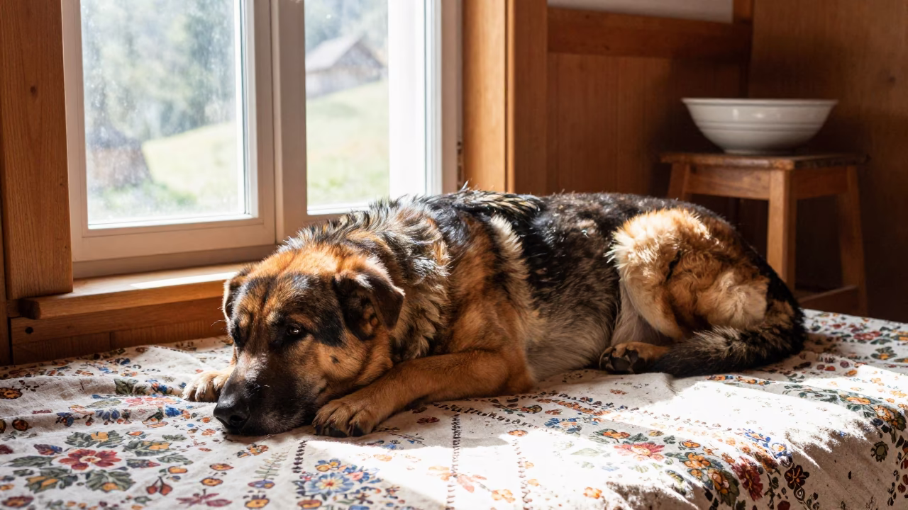 Carpathian Shepherd Resting by Window in Sinfra in on a bedspread near a bright window with calm indoor light in Sinfra