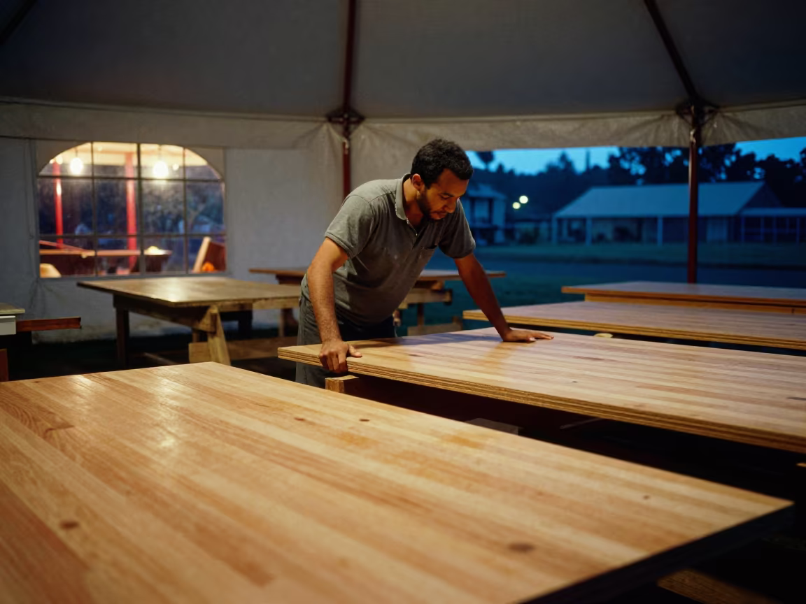 Carpenter Adjusting Stage Flats Under Circus Tent in under a circus tent in Buea