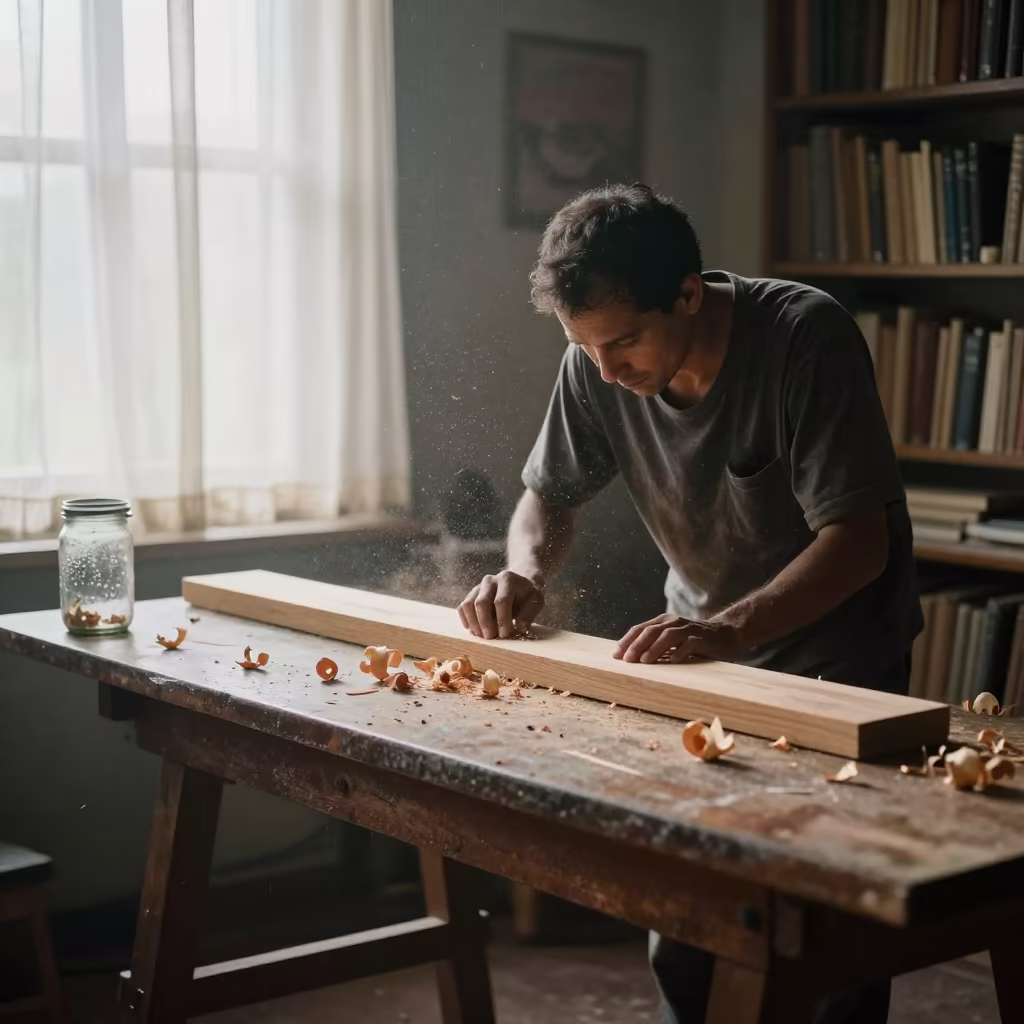Carpenter Planing Plank on Library Table in on a dusty library table in Gabiadji