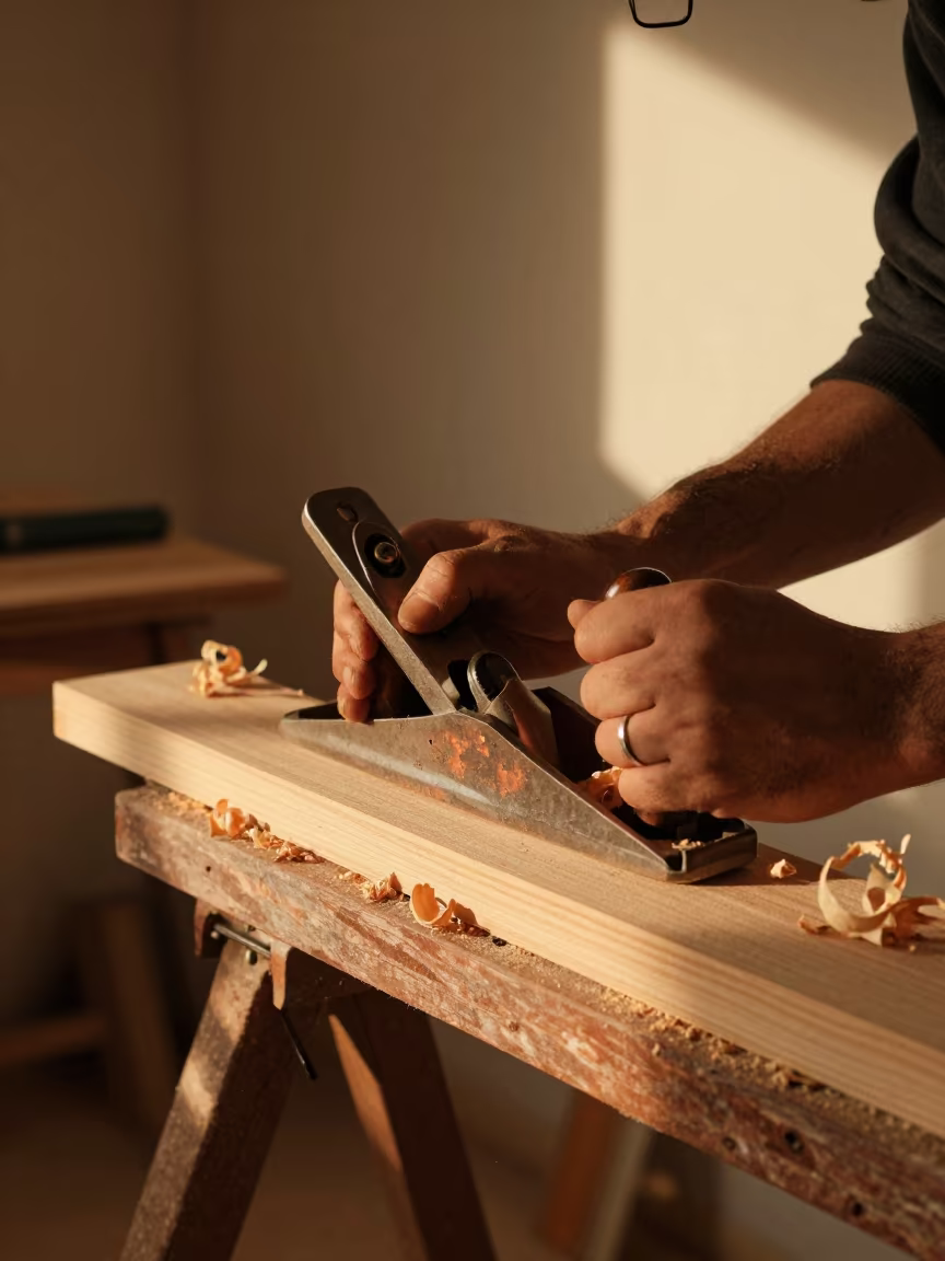 Carpenter Planing Wood in Athens Workshop in on a workshop shelf near Athens