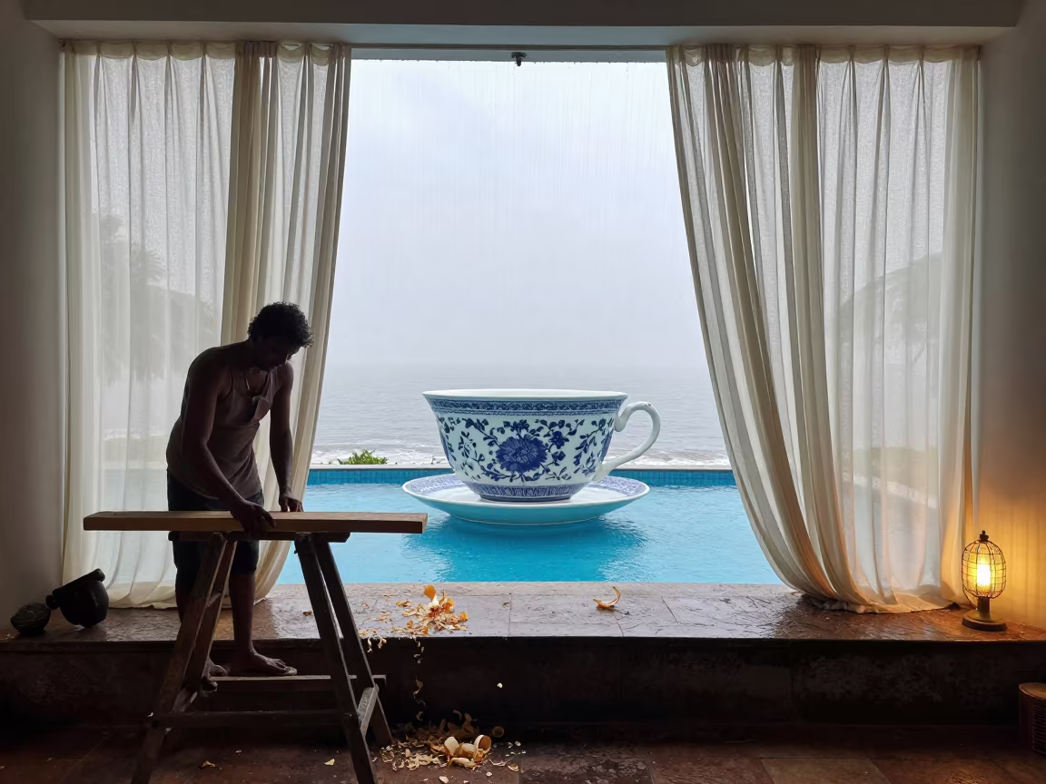 Carpenter Planing Wood Near Giant Teacup in on a stone ledge in Visakhapatnam