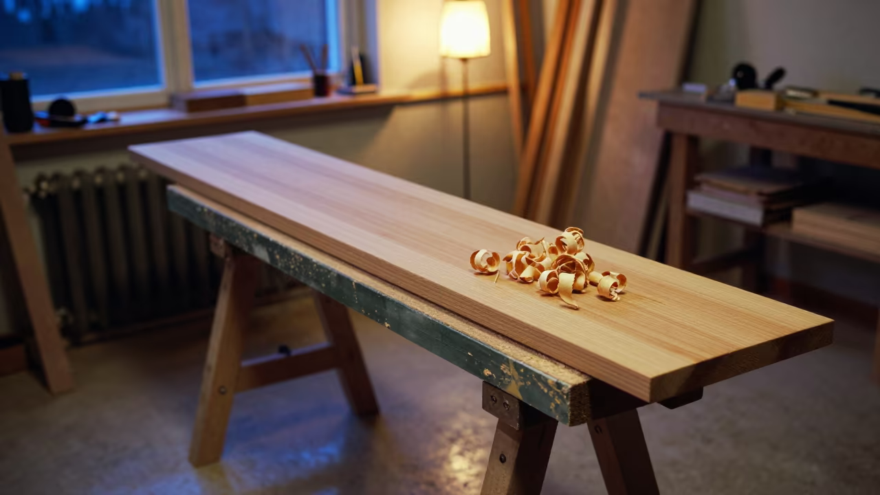 Carpenter Planing Wood Ledge Blue Hour in on a painted display ledge in Santiago de los Caballeros