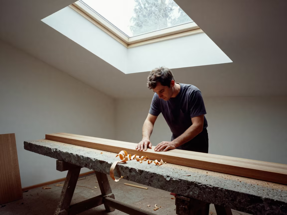 Carpenter Planing Wood on Stone Ledge in on a stone ledge near Guiglo
