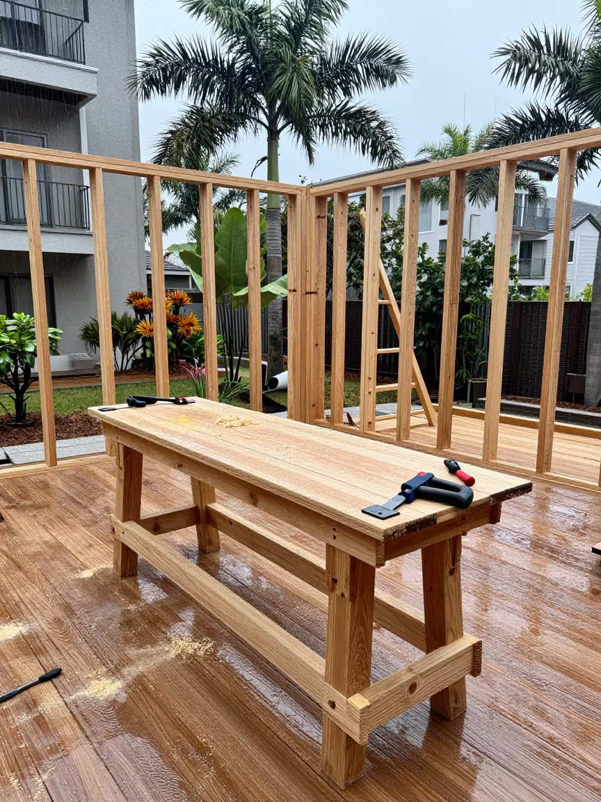 Carpentry Bench Speed Squares Sawdust Chiba Construction in on an active construction deck in Chiba