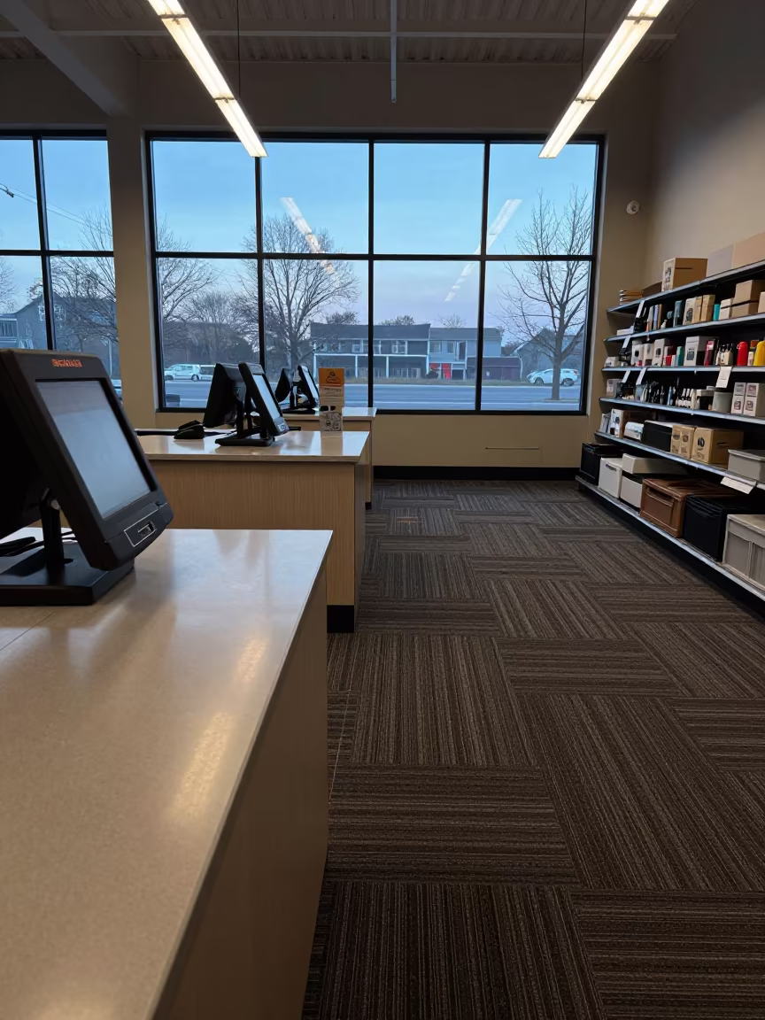 Carpet Cleaner Key Board at Dawn in at a checkout lane under flat store light in Temara