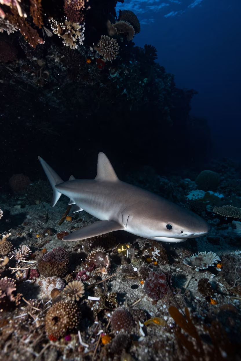 Carpet Shark on Coral Rubble at Night in beside a volcanic reef overhang near Zanzibar