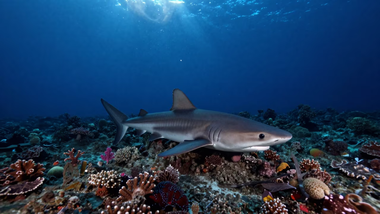 Carpet Shark Resting on Coral Rubble in Night in along a coral wall with blue water beyond near Cebu