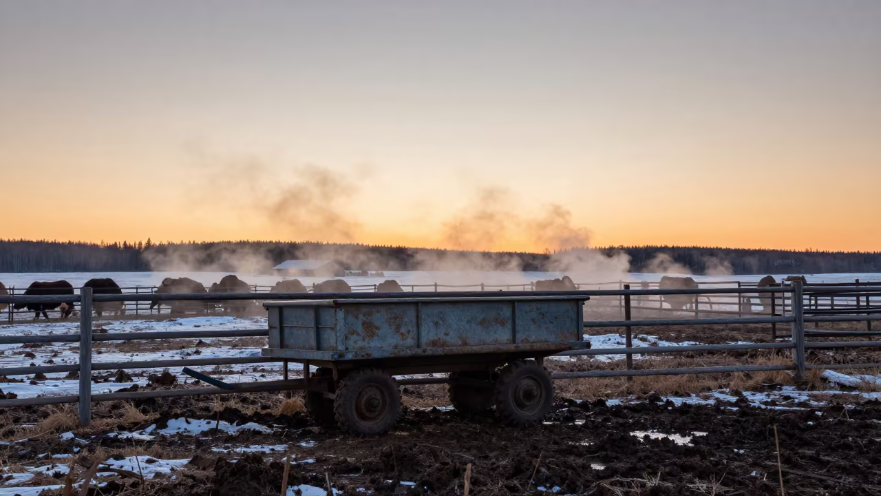 Cart Along Muddy Fence in Northwest Territories Sunset in along a muddy paddock fence in Northwest Territories