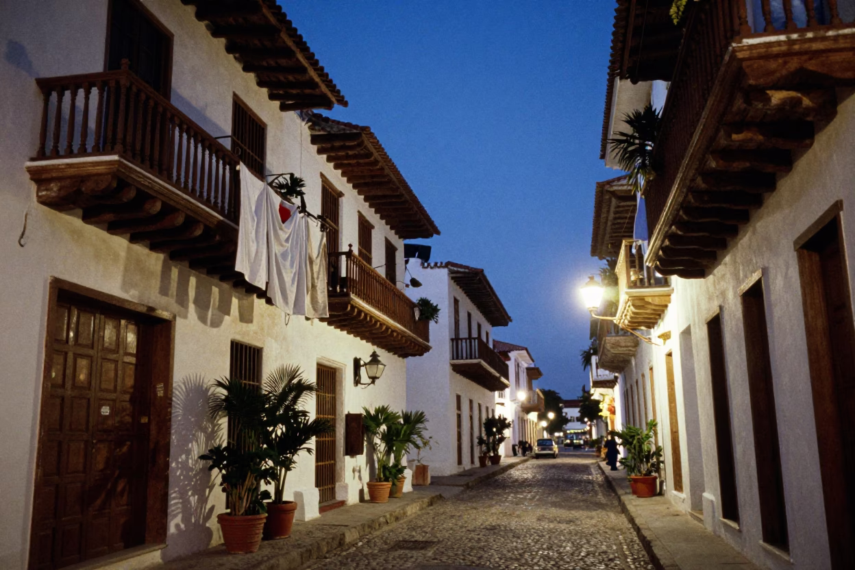 Cartagena Colombia Blue Hour Street Scene Colonial Balcony Laundry and Potted Plants in in Cartagena, Colombia
