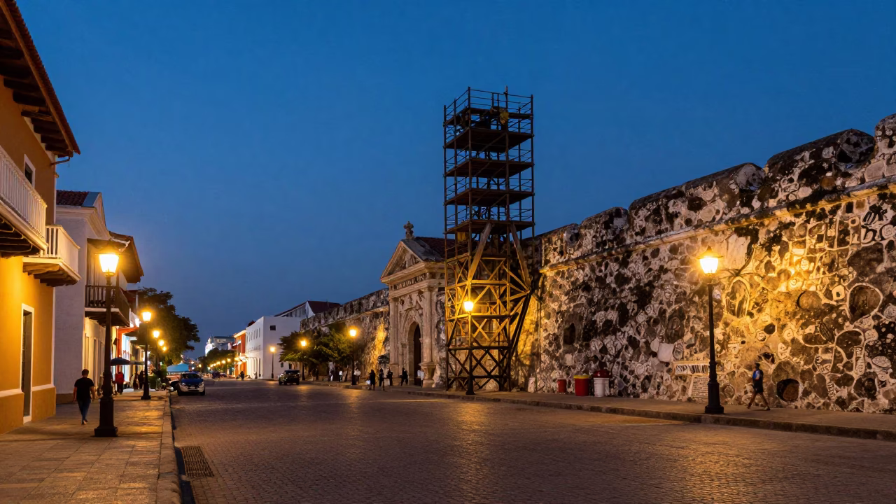 Cartagena Colombia Blue Hour Street Scene with Bridge Maintenance Cage in in Cartagena, Colombia