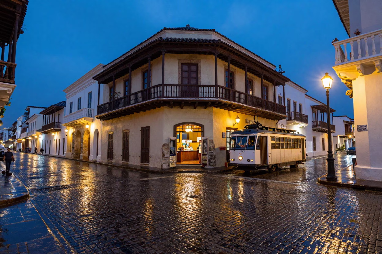 Cartagena Colombia Blue Hour Street Scene with Cobblestones and Rain Reflections in in Cartagena, Colombia