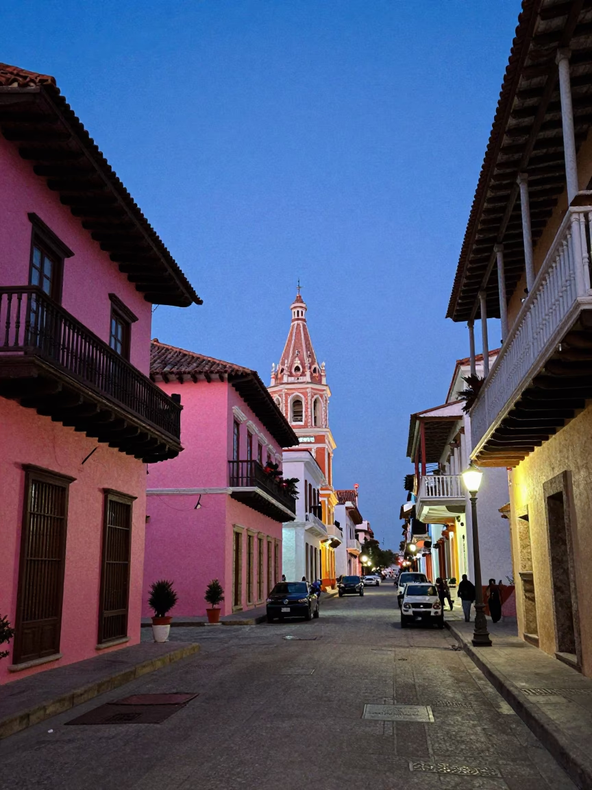 Cartagena Colombia Blue Hour Street Scene with Colorful Colonial Architecture and Local Life in in Cartagena, Colombia