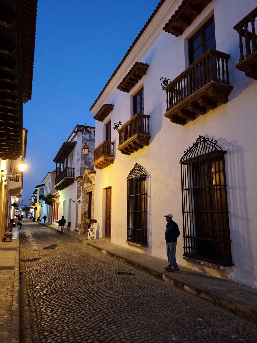 Cartagena Colombia Blue Hour Street Scene with Local Vendor and Amulet Detail in in Cartagena, Colombia