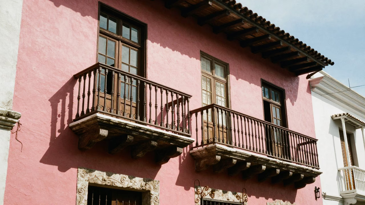 Cartagena Colombia Colonial Balcony Midday Street Scene with Nail Brush Detail in in Cartagena, Colombia