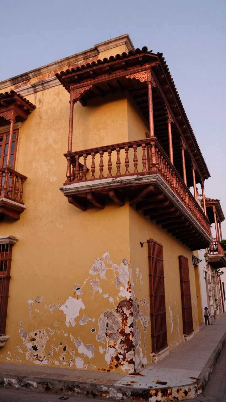 Cartagena Colombia Colonial Balcony Rust and Copper Dusk Light High Fashion in in Cartagena, Colombia