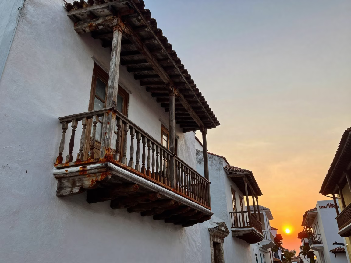 Cartagena Colombia Colonial Balcony Rust and Sunset Light in in Cartagena, Colombia