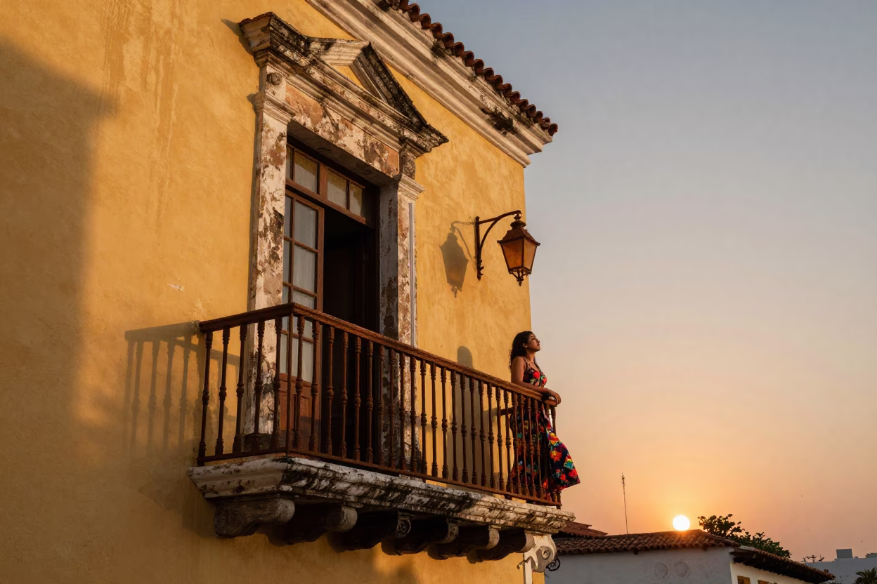 Cartagena Colombia Colonial Balcony Scene at Sunset with Rusty Lamp and Greenery in in Cartagena, Colombia