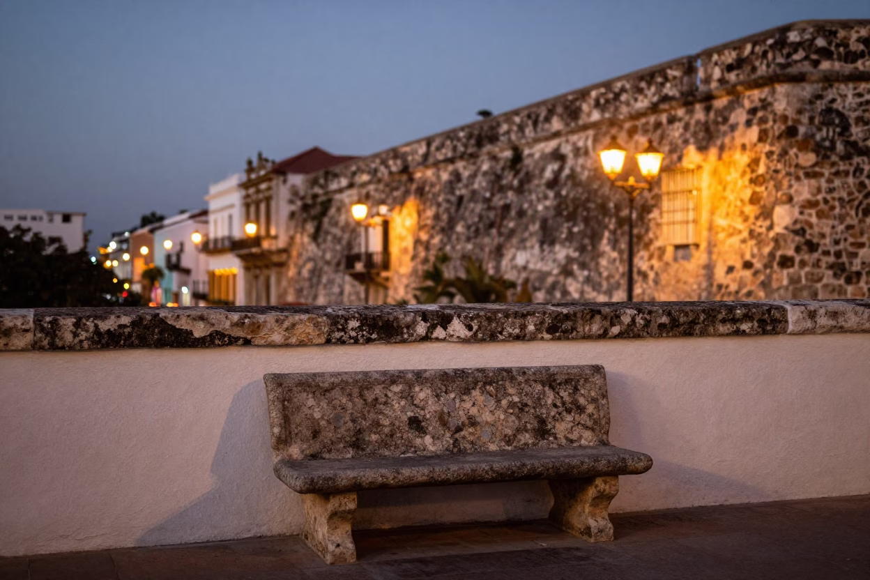 Cartagena Colombia Colonial Balcony Stone Bench Evening City Lights Glow in in Cartagena, Colombia