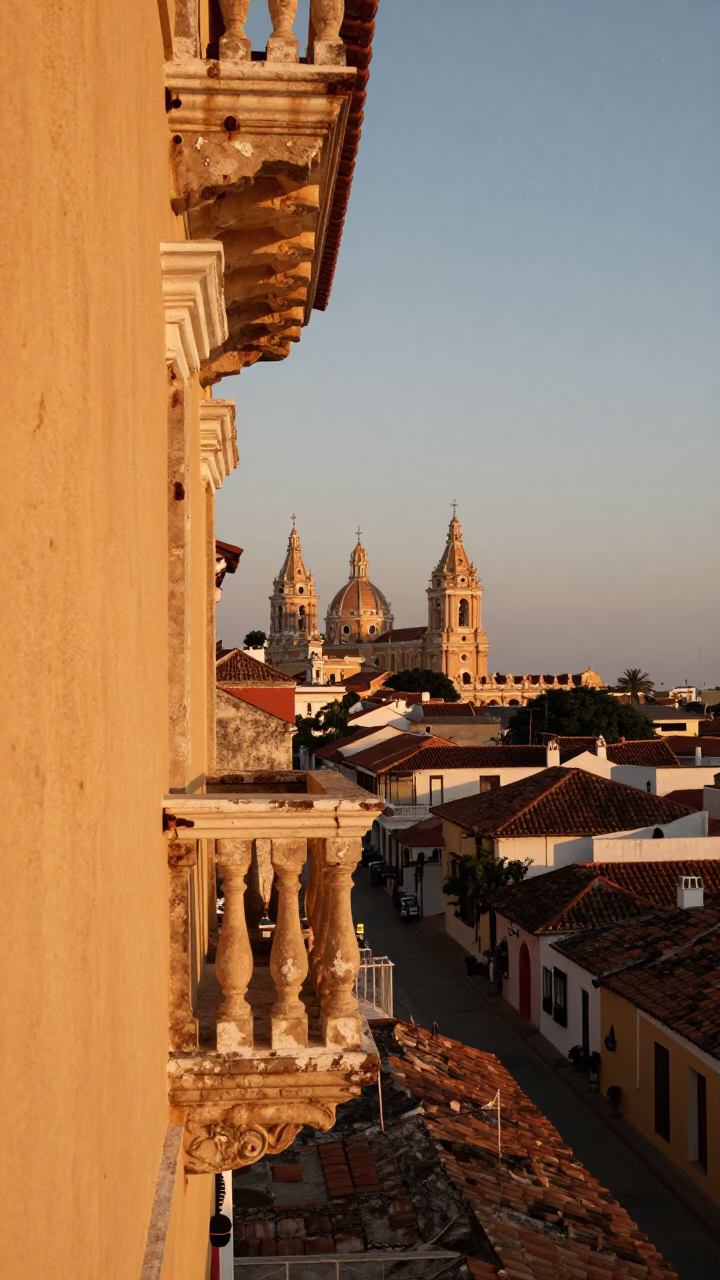 Cartagena Colombia Colonial Balcony Sunset View Over Historic Walled City Rooftops in in Cartagena, Colombia
