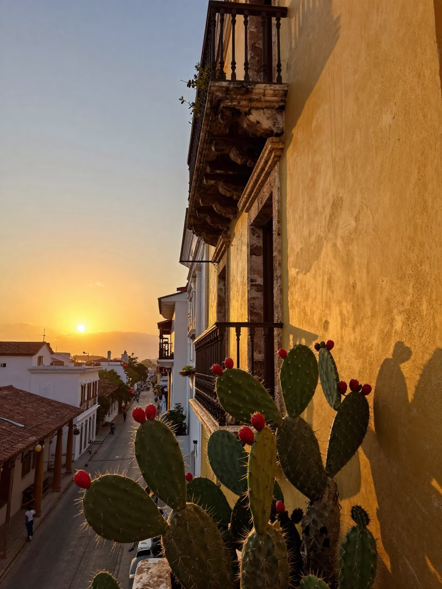 Cartagena Colombia Colonial Balcony Sunset with Prickly Pear Cactus and Local Street Life in in Cartagena, Colombia