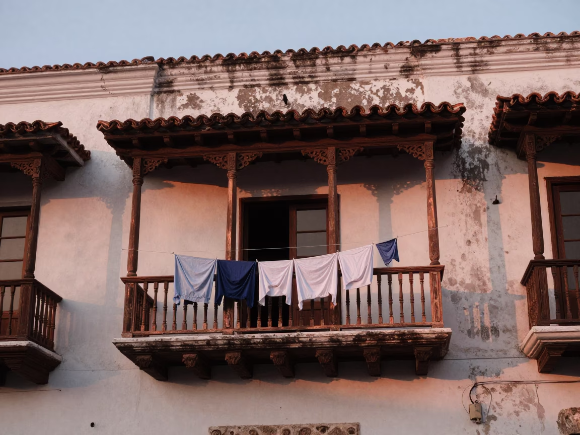 Cartagena Colombia colonial balcony with hanging laundry and copper dusk light in in Cartagena, Colombia