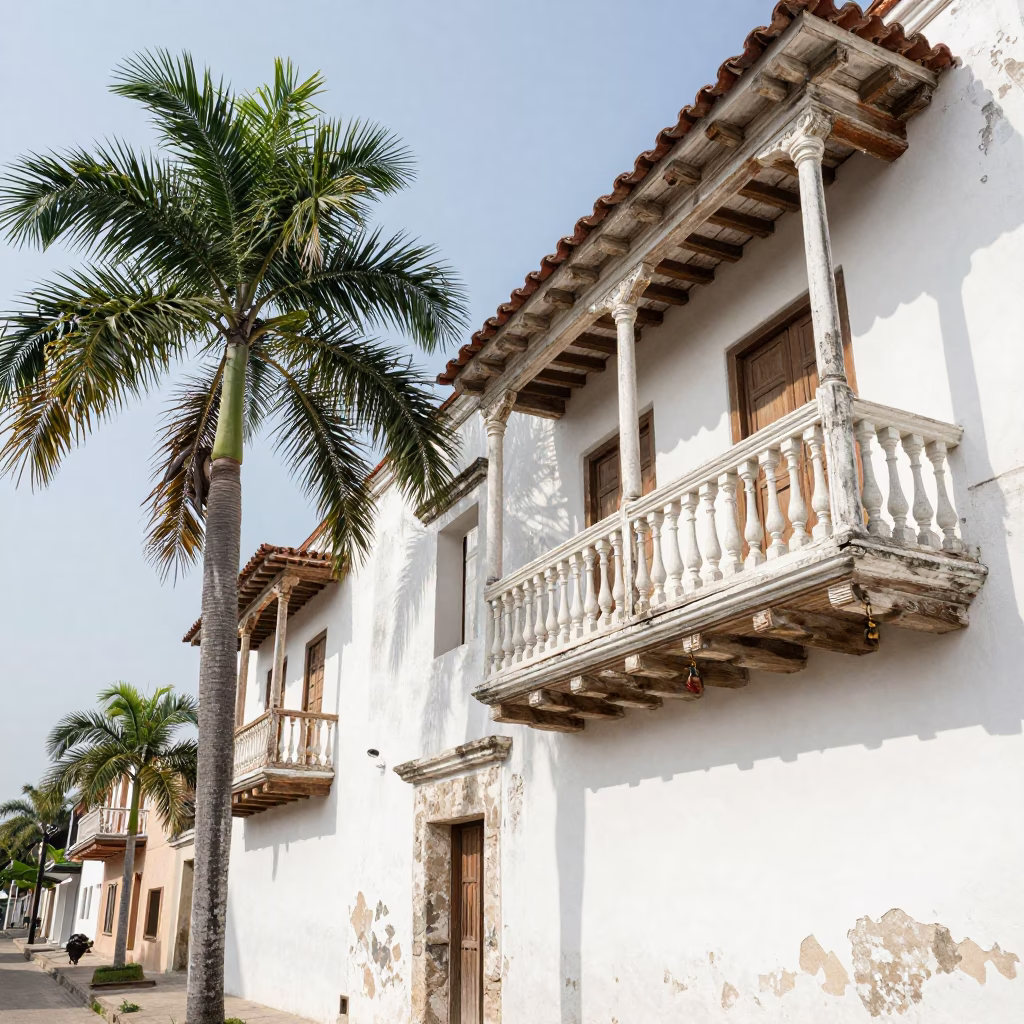 Cartagena Colombia Colonial Balcony with Palm Trees and Hanging Padlock at Noon in in Cartagena, Colombia