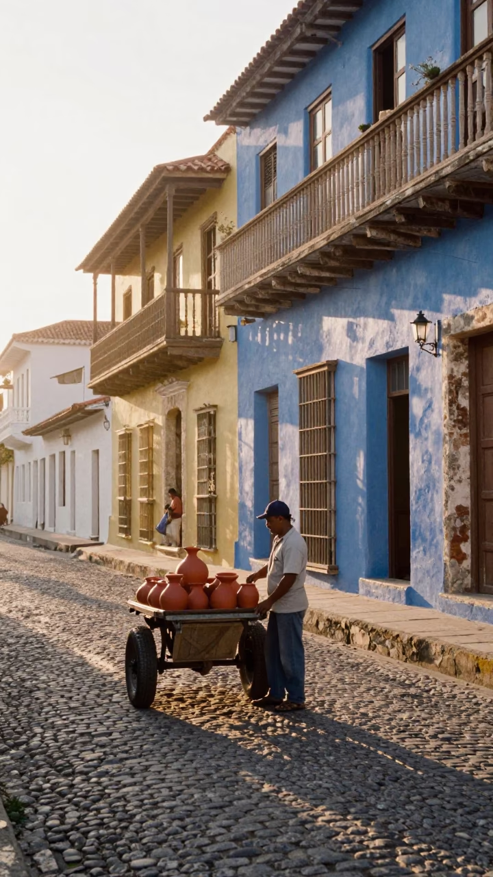 Cartagena Colombia Colonial Street Morning Light and Clay Pot Seller in in Cartagena, Colombia
