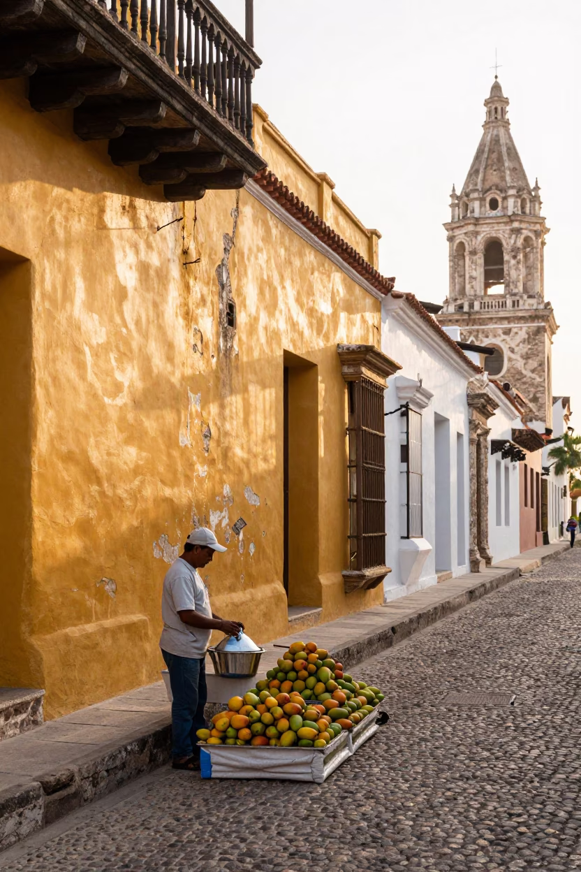 Cartagena Colombia Colonial Street Scene Just After Sunrise With Fresh Fruit Vendor in in Cartagena, Colombia