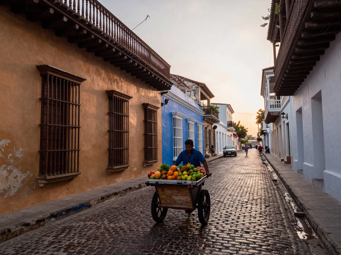 Cartagena Colombia Colonial Street Scene with Rolling Vendor Carts After Sunrise in in Cartagena, Colombia