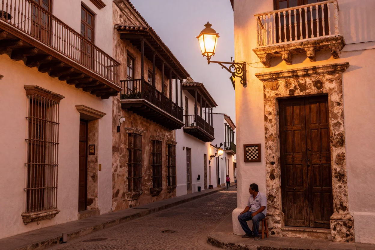 Cartagena Colombia Copper Dusk Street Scene with Chess Clock and Local Interaction in in Cartagena, Colombia