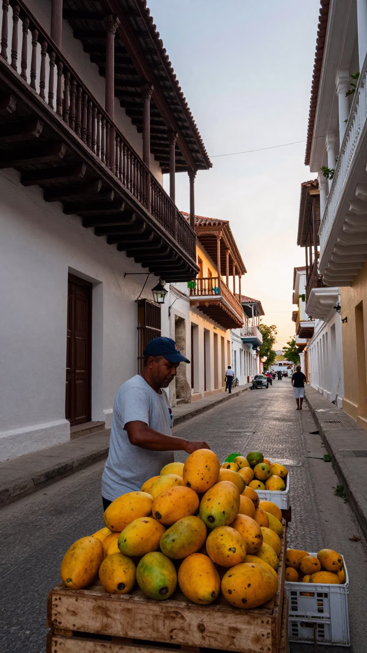 Cartagena Colombia Dawn Street Scene with Fresh Mangoes and Local Market Activity in in Cartagena, Colombia