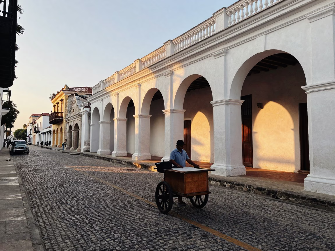 Cartagena Colombia Dawn Street Scene with Local Vendor and Vintage Camera at First Light in in Cartagena, Colombia