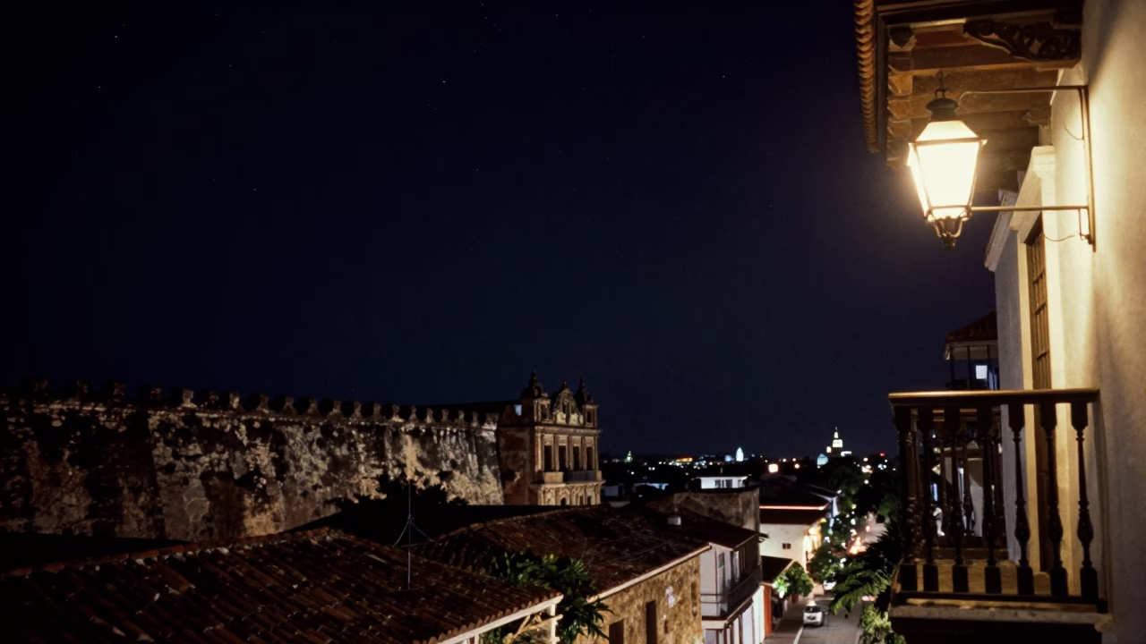 Cartagena Colombia Deep Night Sky Over Colonial Balcony with Lampshade and Strawberries in in Cartagena, Colombia