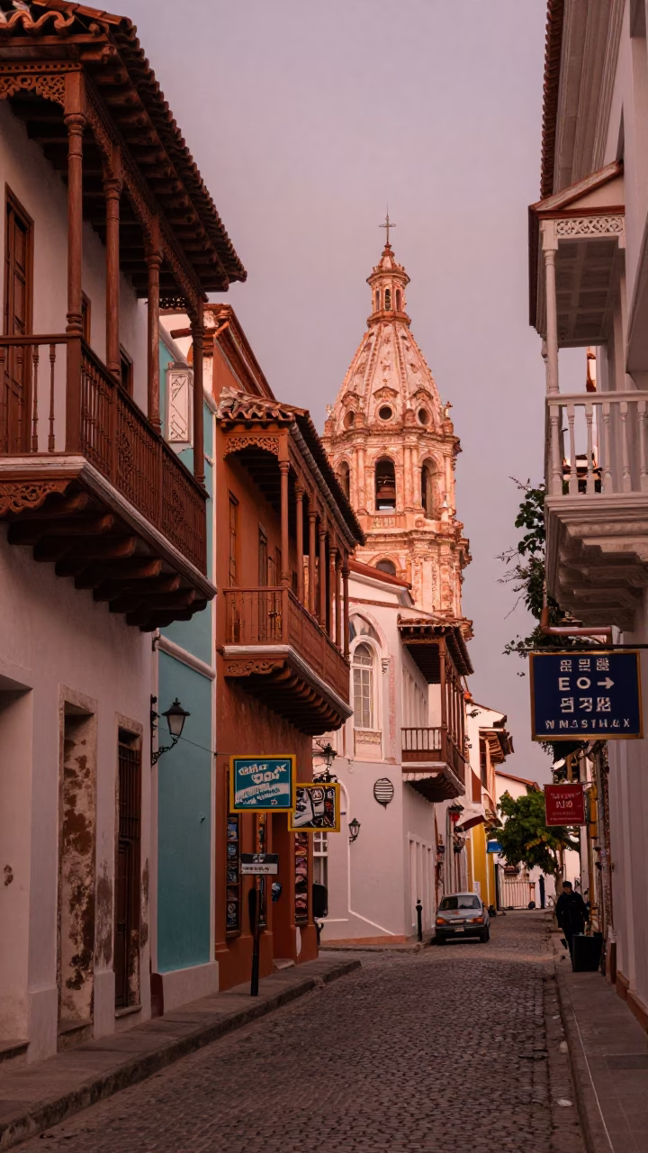 Cartagena Colombia Dusk Street Scene with Colorful Architecture and Local Life in in Cartagena, Colombia