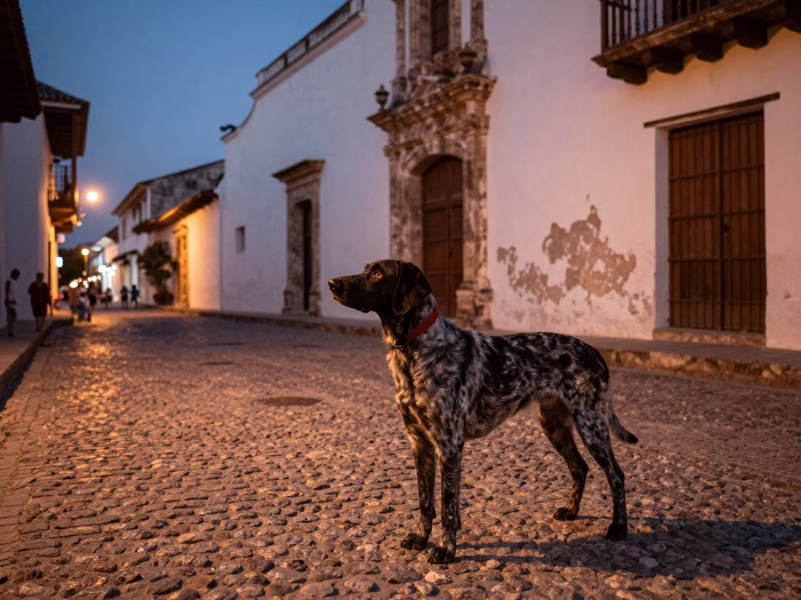Cartagena Colombia Dusk Street Scene with German Shorthaired Pointer and Cobblestone Plaza in in Cartagena, Colombia