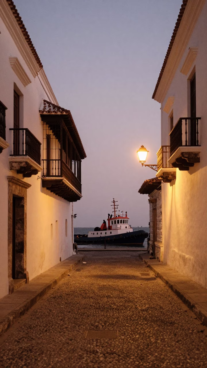 Cartagena Colombia Dusk Street Scene with Tugboat in Harbor and Bird of Paradise Flower in in Cartagena, Colombia
