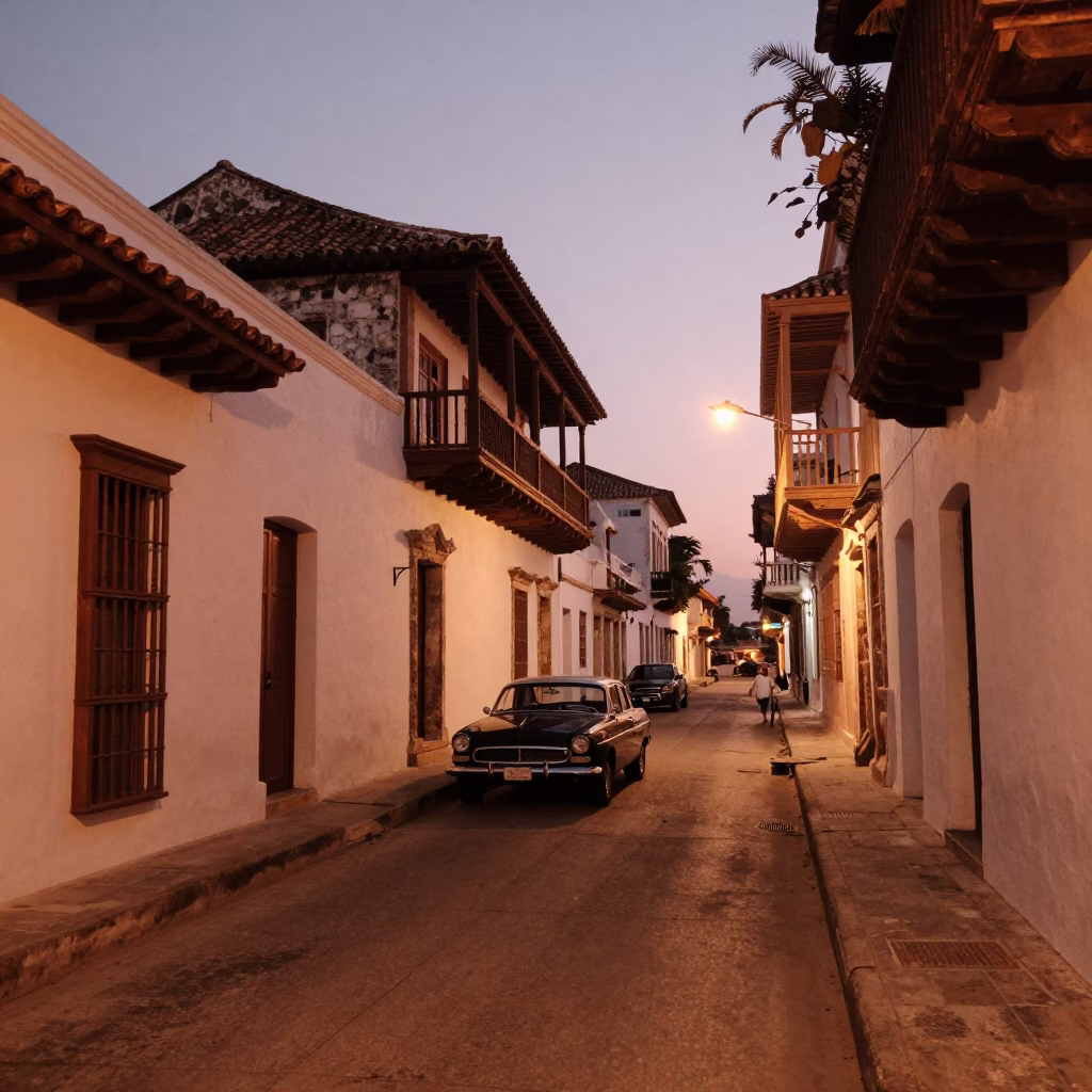 Cartagena Colombia Dusk Street Scene with Vintage Car and Local Dining in in Cartagena, Colombia