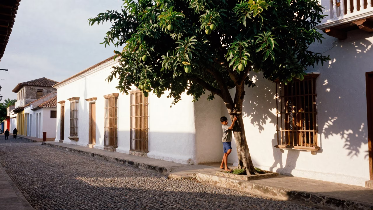 Cartagena Colombia Early Afternoon Street Scene with Mango Tree and Local Life in in Cartagena, Colombia