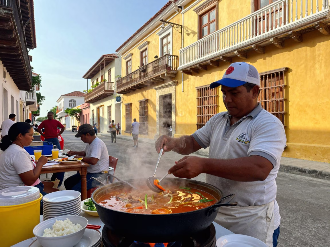 Cartagena Colombia Early Afternoon Street Scene with Sancocho Stew and Local Market Life in in Cartagena, Colombia