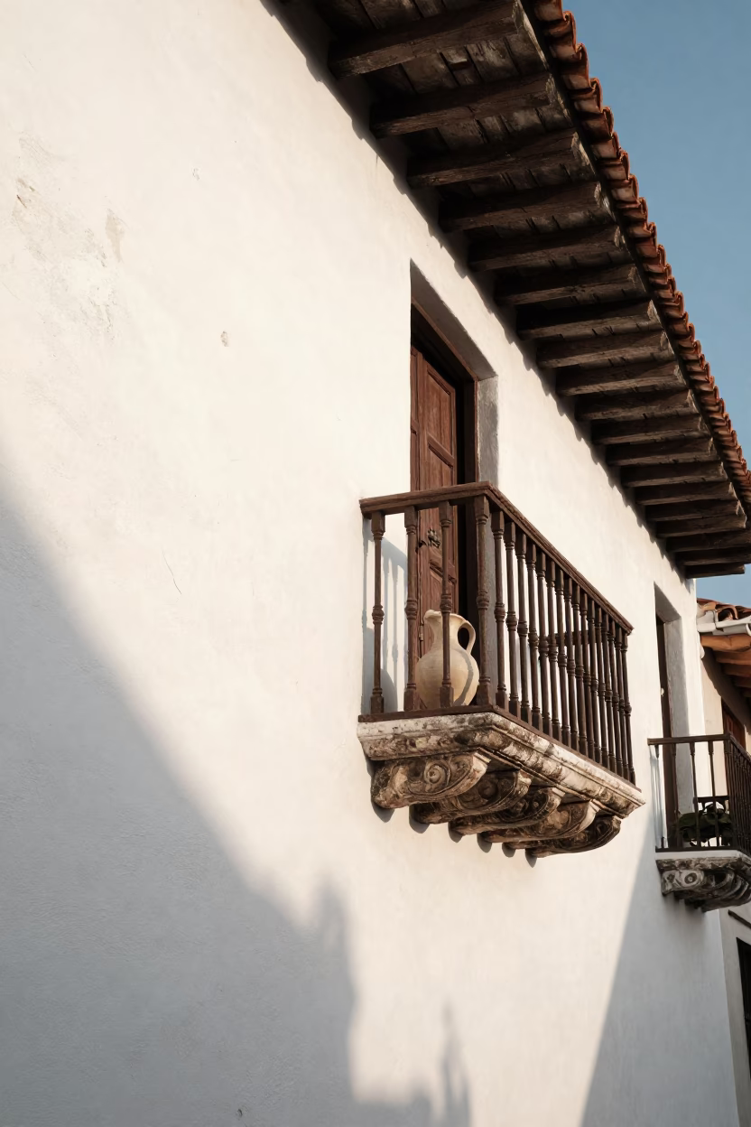 Cartagena Colombia Early Afternoon Sunlight on Colonial Balcony with White Pitcher and Tea Towels in in Cartagena, Colombia