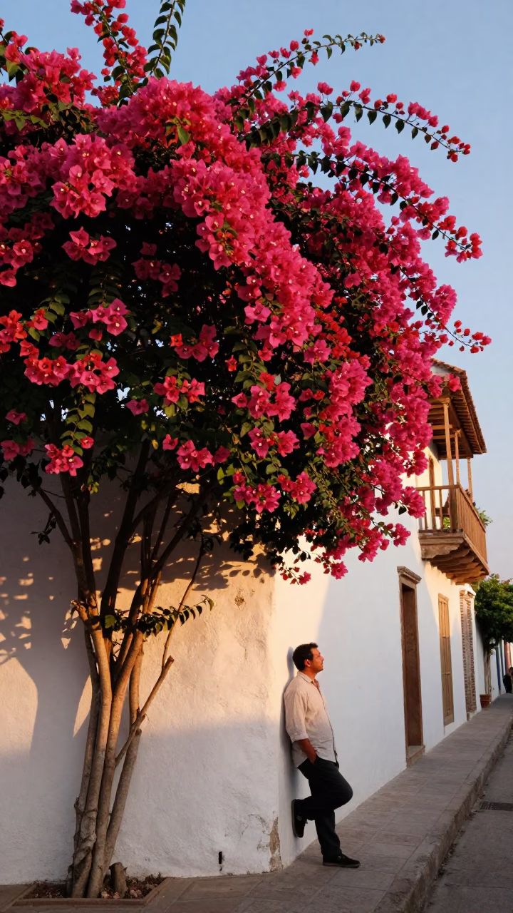 Cartagena Colombia Early Evening Bougainvillea Cascade Over White Garden Wall in in Cartagena, Colombia