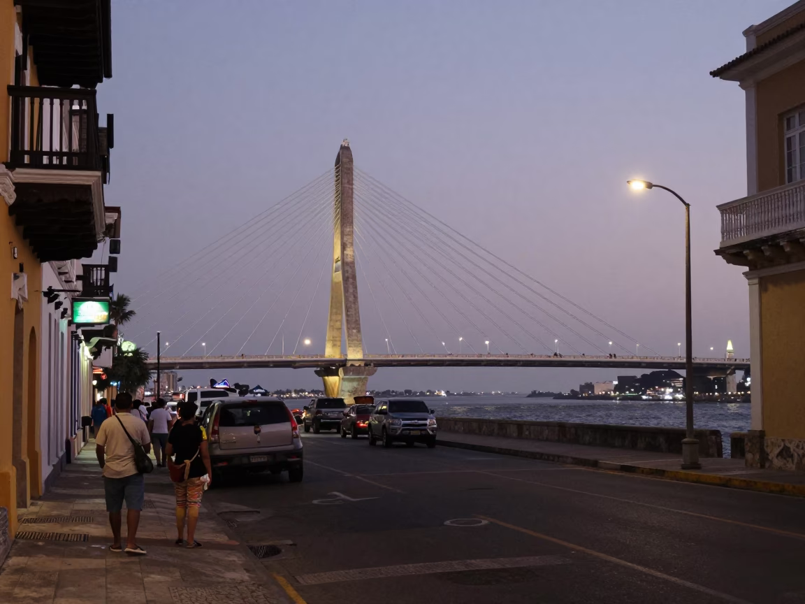 Cartagena Colombia Early Evening Street Scene with Cable Stayed Bridge and Local Commerce in in Cartagena, Colombia