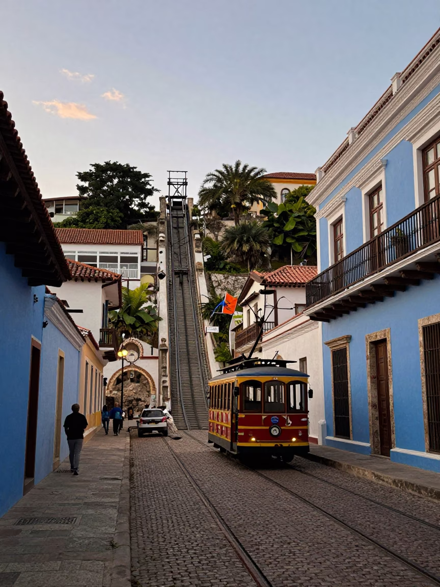 Cartagena Colombia Early Evening Street Scene with Funicular and Colonial Architecture in in Cartagena, Colombia