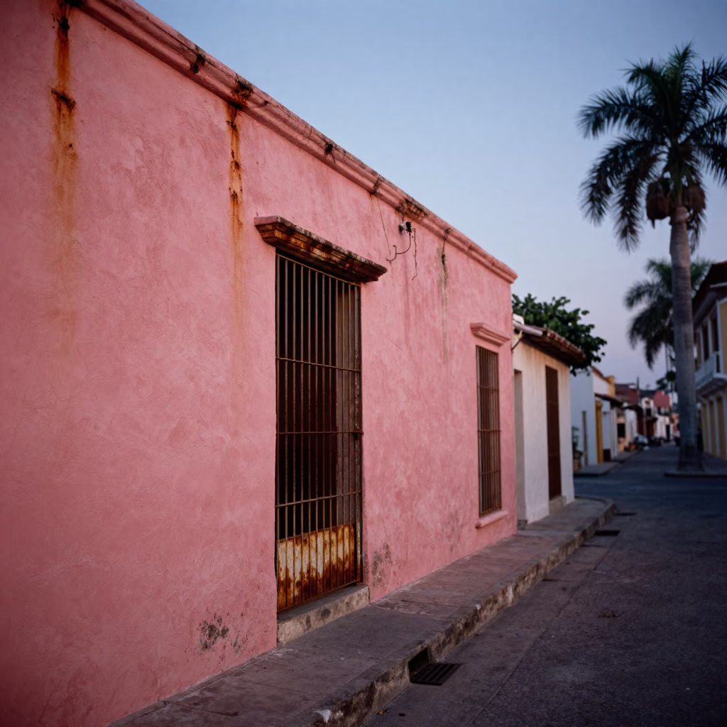 Cartagena Colombia Early Evening Street Scene with Rusty Walls and Local Life in in Cartagena, Colombia