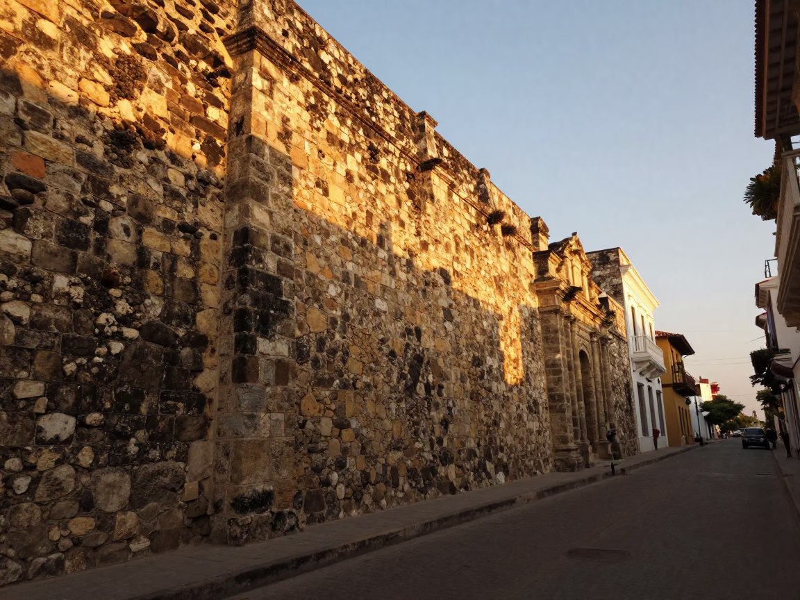 Cartagena Colombia Early Evening Sun-Warmed Stone Wall and Local Street Scene in in Cartagena, Colombia
