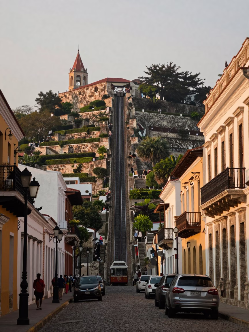 Cartagena Colombia Early Morning Street Scene with Funicular Rising Through Terraced Gardens in in Cartagena, Colombia