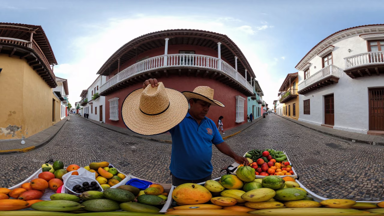 Cartagena Colombia Early Morning Street Scene with Straw Hat and Morning Light in in Cartagena, Colombia