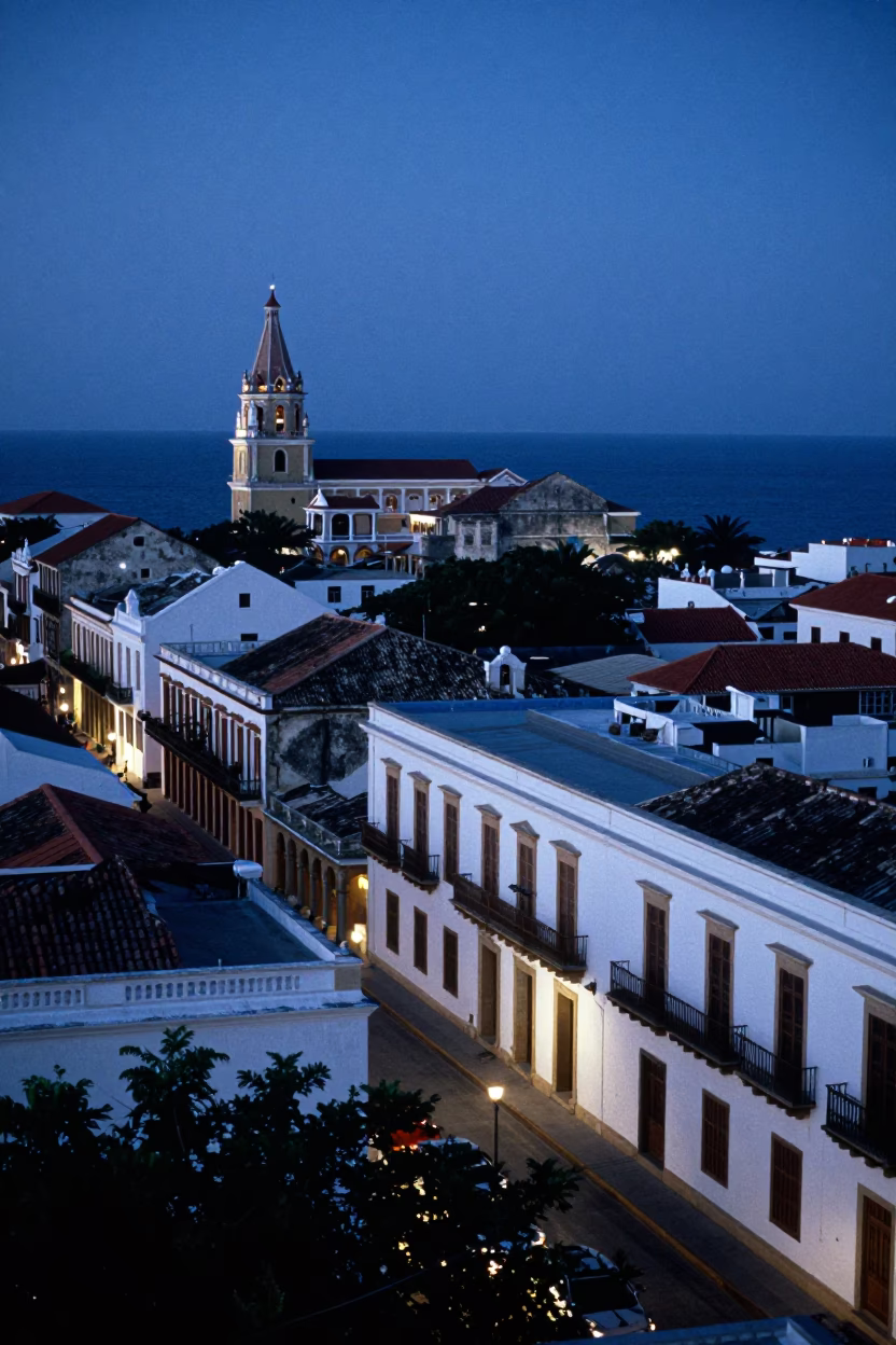 Cartagena Colombia Evening Blue Hour Colonial Architecture and Caribbean Sea Horizon in in Cartagena, Colombia
